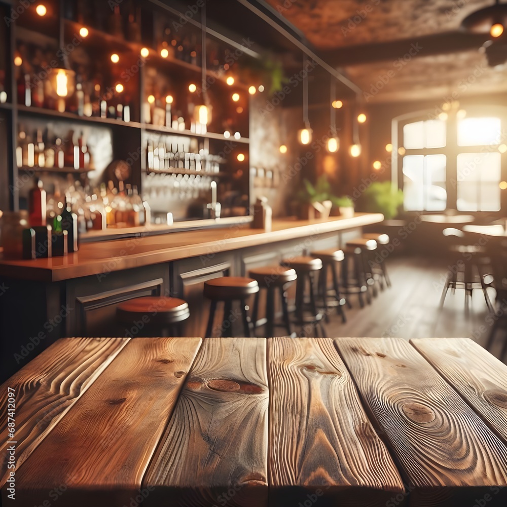  Empty wooden table rustic and blurred background of bar 