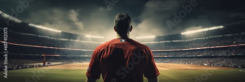 rear view of american football player standing alone at sports stadium photo