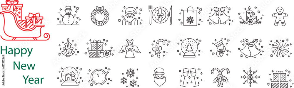 Christmas icon collection, winter holiday background, xmas decoration elements, noel ornaments, festive backdrop, illustration, outline icons set.