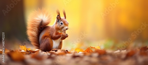 A charming European red squirrel with a fluffy tail enjoying a nut in the autumn park.