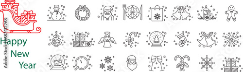 Fototapeta Naklejka Na Ścianę i Meble -  Christmas icon collection, winter holiday background, xmas decoration elements, noel ornaments, festive backdrop, illustration, outline icons set.