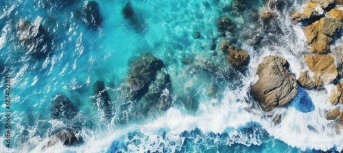Fototapeta Naklejka Na Ścianę i Meble -  Top aerial view sea water waves. Generative AI technology.