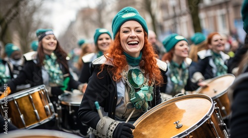 title. Colorful St. Patricks Day parades. Street processions, costumes, masks, and music,
