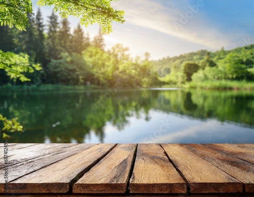 The empty wooden table top with a blurred background of summer lakes