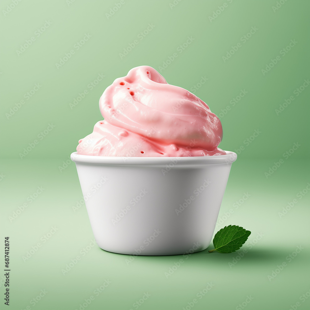 Paper cup of Strawberry ice cream with strawberry with green background Paper cup of Strawberry ice cream with strawberry with green background