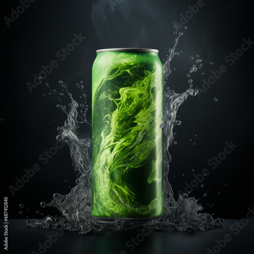 Green can of soda splash water with luxury ligthing