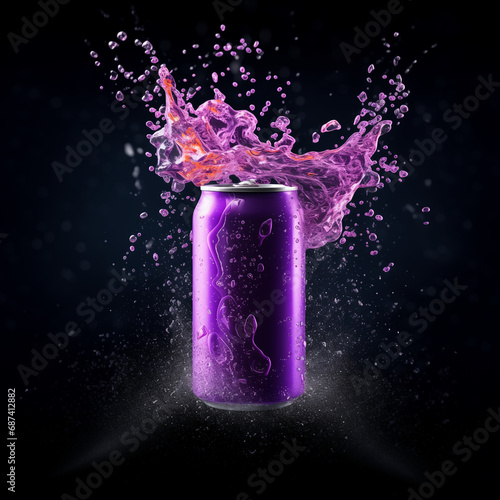 Purple can of soda splash soda water with luxury ligthing