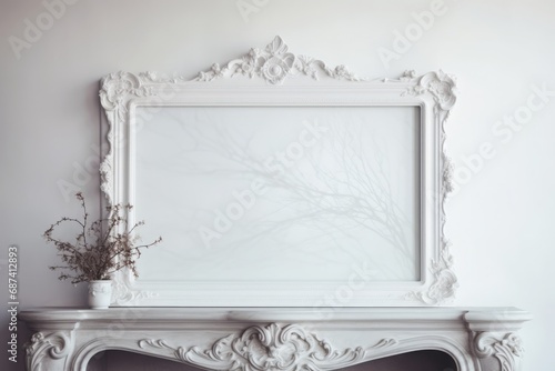 Empty white wooden picture frame mockup in a cozy posh luxurious interior design with fireplace, white panel walls, parisian style look, decorative flowers and vases photo