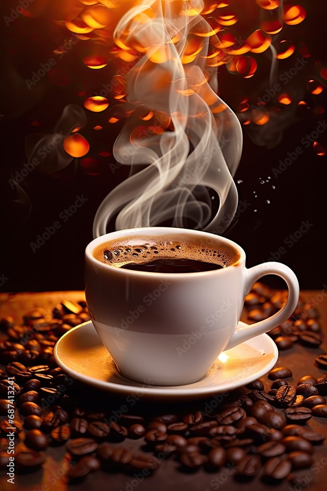 Photo cup of coffee with smoke and coffee beans
Photo cup of coffee with smoke and coffee beans