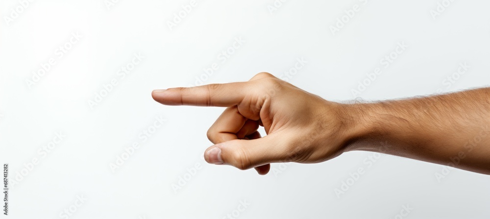 Adult man hand pointing gesture. Generative AI technology. - obrazy, fototapety, plakaty 