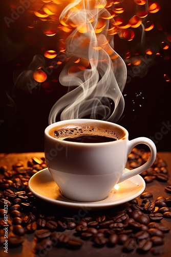 Photo cup of coffee with smoke and coffee beans 