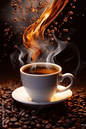 Photo cup of coffee with smoke and coffee beans 