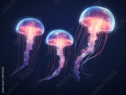 Glowing jellyfish on black background,created with Generative AI tecnology. © henvryfo