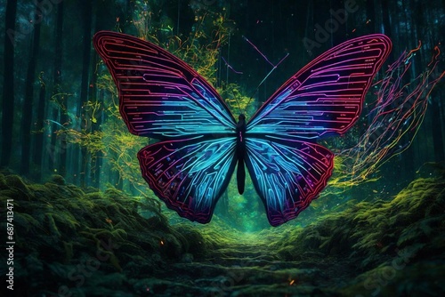 At the heart of a cybernetic forest, a neon butterfly flutters, its wings leaving trails of digital code in the air.