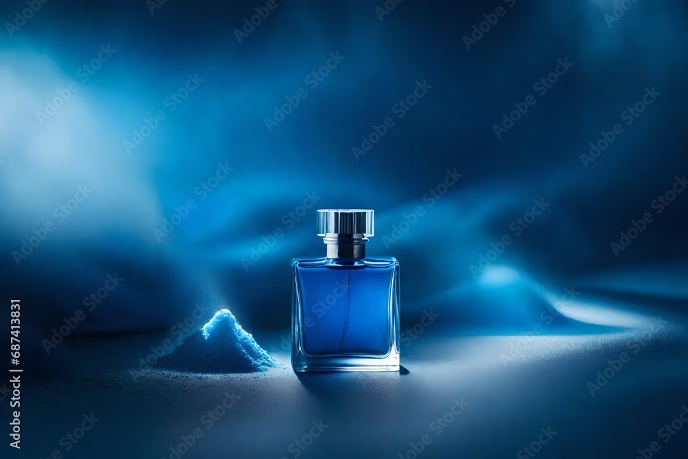 blue perfume flacon and coloroful blue pigment powder  , cosmetic bottle presentation mockup, bokeh background - obrazy, fototapety, plakaty 
