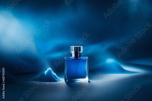 blue perfume flacon and coloroful blue pigment powder  , cosmetic bottle presentation mockup, bokeh background photo