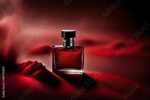 perfume flacon and coloroful red pigments dust  , cosmetic bottle presentation template