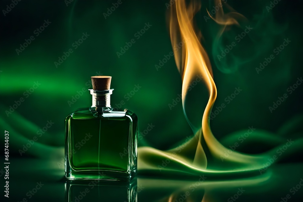 green perfume bottle presentation mockup , burning flames and smoke background green perfume bottle presentation mockup , burning flames and smoke background
