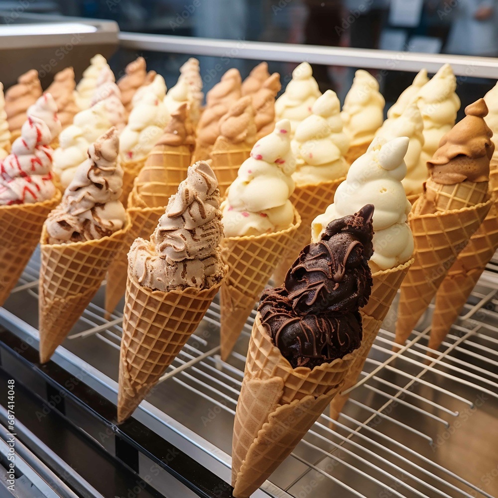 blank ice cream wafers. Waffle cones in an ice-cream shop, Italy. A variety of sugar-free vegan ice cream with natural ingredients on display at the Italian