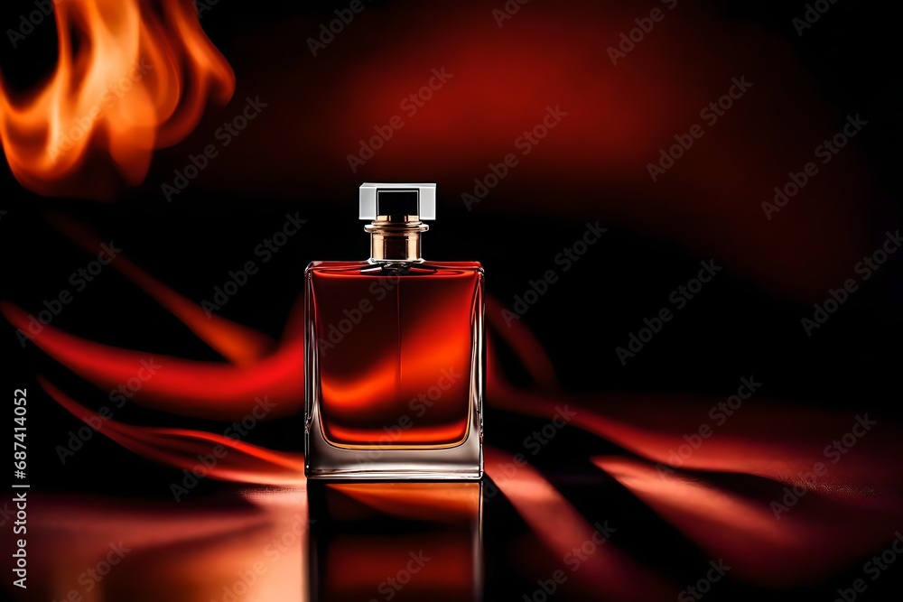 rectangular red perfume bottle presentation mockup , burning hot flames and fire background rectangular red perfume bottle presentation mockup , burning hot flames and fire background