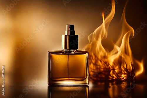 golden yellow perfume bottle presentation mockup , burning hot flames background