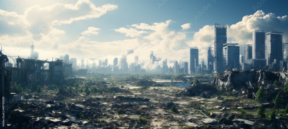 Apocalypse wasteland city background. Destroyed city buildings. Generative AI technology.