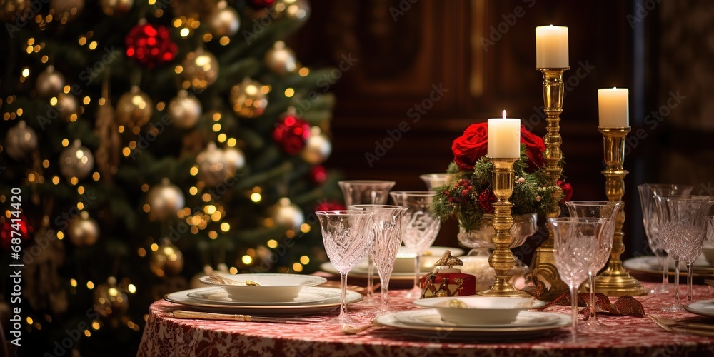 Festive table setting with plates, candles and floral bouquet. Table set for banquet in luxury restaurant.