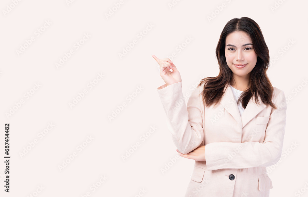 Beautiful young business woman pointing up to copy space and looking at camera with smile face and happy Pretty girl act like a satisfied product, use for advertising with isolated on white background Beautiful young business woman pointing up to copy space and looking at camera with smile face and happy Pretty girl act like a satisfied product, use for advertising with isolated on white background