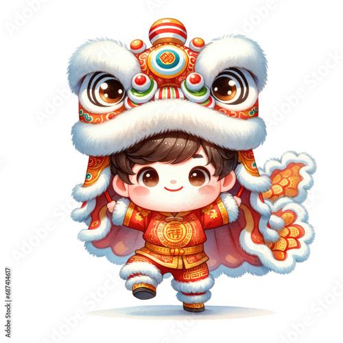 Happy Children playing Chinese dragon dancing Chinese lion dance, Chinese new year Lion Dance Costume for Lunar New Year 