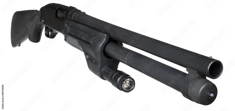 Black pump action shotgun for self defense with a weaponlight.