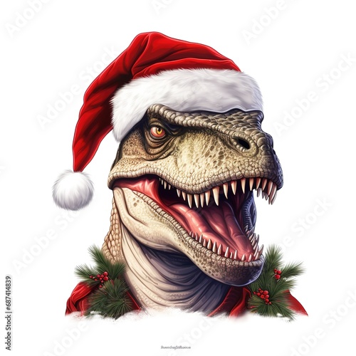 Dinosaurs Rex in red Santa Claus hat holds. , thick oil paint illustration, single object, white background for removing background. © Nopparat