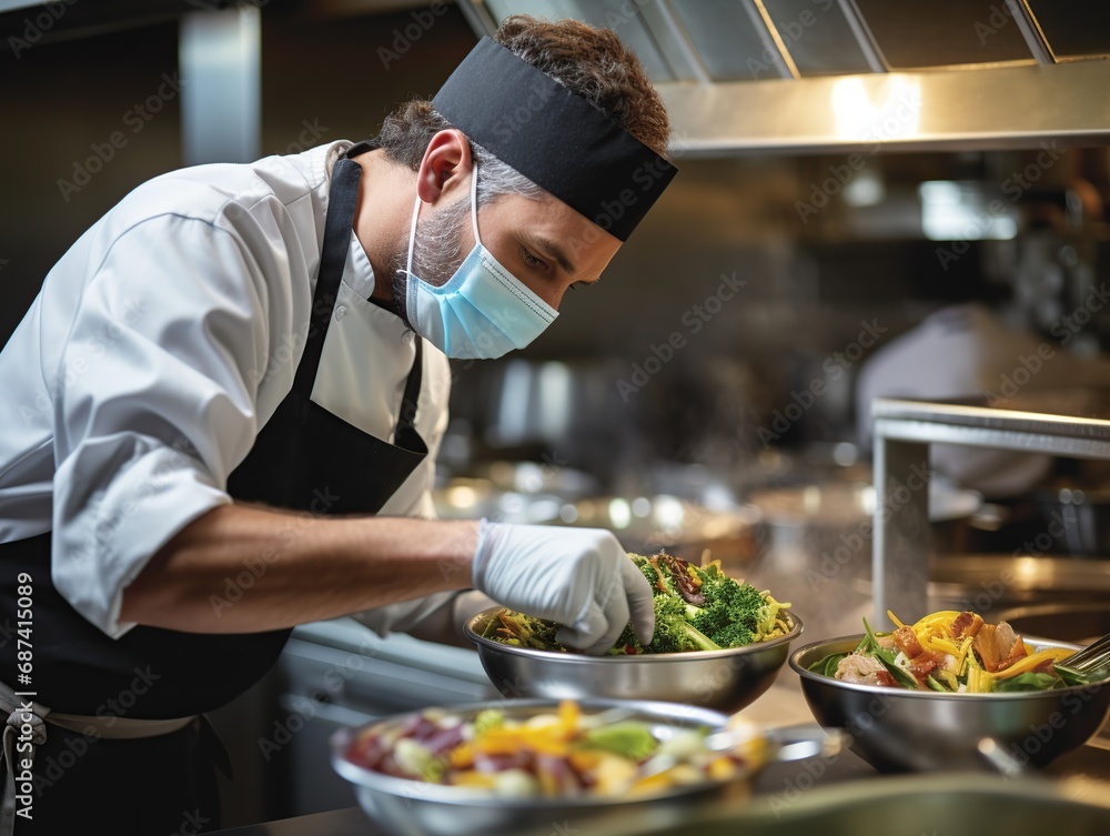 A chef in a busy restaurant kitchen wearing a breathable face mask, Generative AI