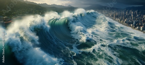 Big tsunami waves. Nature disaster. Generative AI technology. 
