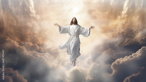 Resurrection of Jesus Christ depiction of a figure symbolizing hope and divinity, ascending towards the heavens amidst a backdrop of radiant clouds.