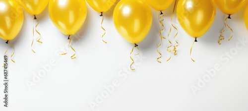 Yellow balloon on white background. Copy scape for text. Generative AI technology. photo