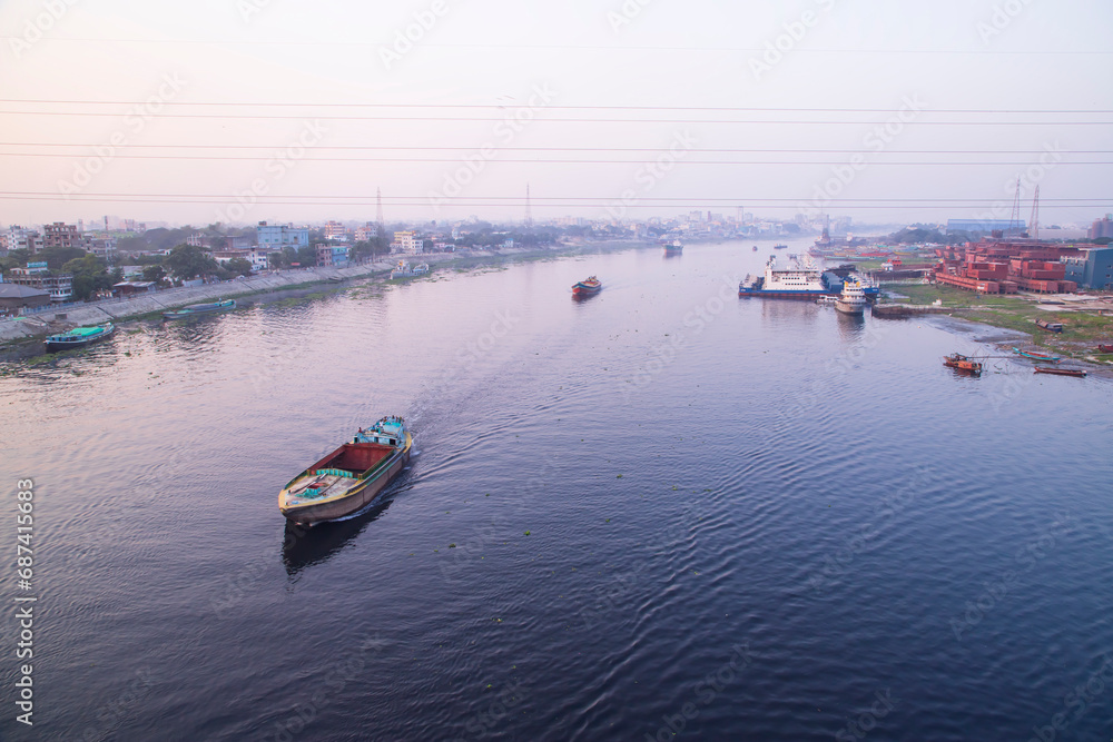 Aerial view Landscape of Sand bulkheads ships with Industrial zone in Sitalakhya River, Narayanganj, Bangladesh Aerial view Landscape of Sand bulkheads ships with Industrial zone in Sitalakhya River, Narayanganj, Bangladesh