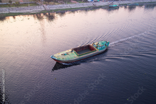 Aerial view Landscape of Sand bulkheads ships with Industrial zone in Sitalakhya River, Narayanganj, Bangladesh photo