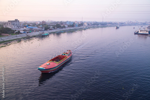 Aerial view Landscape of Sand bulkheads ships with Industrial zone in Sitalakhya River, Narayanganj, Bangladesh