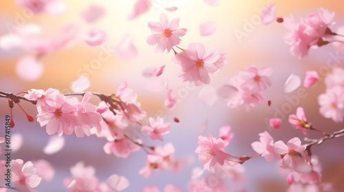 sakura flower and flying petals on spring background.
