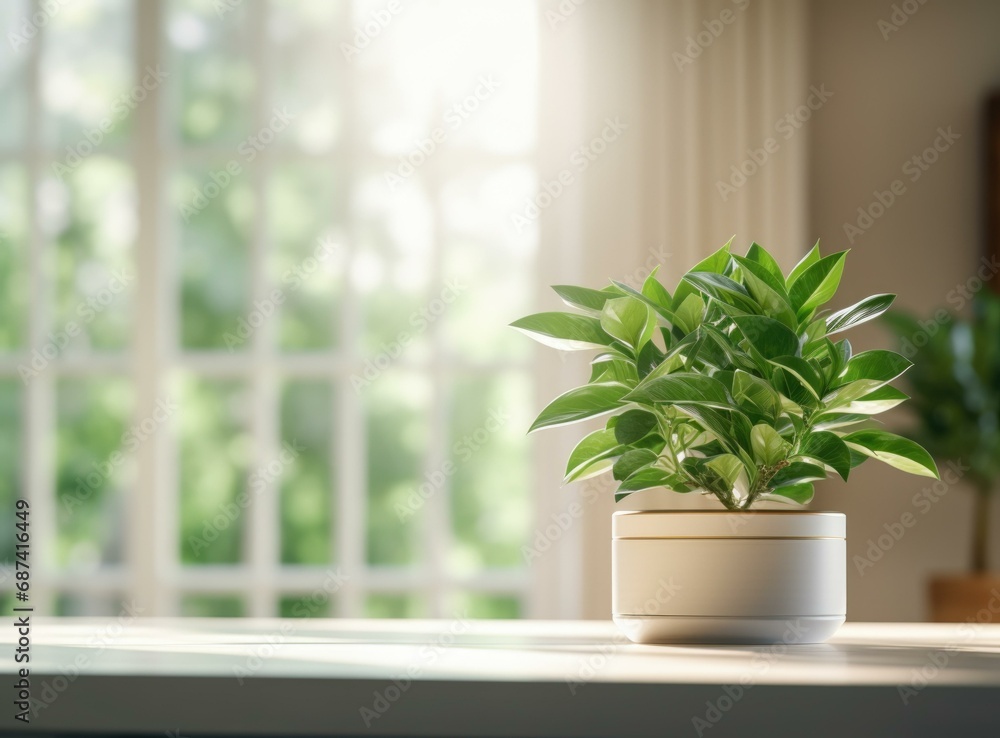 A potted plant on a table in front of a window. Generative AI.