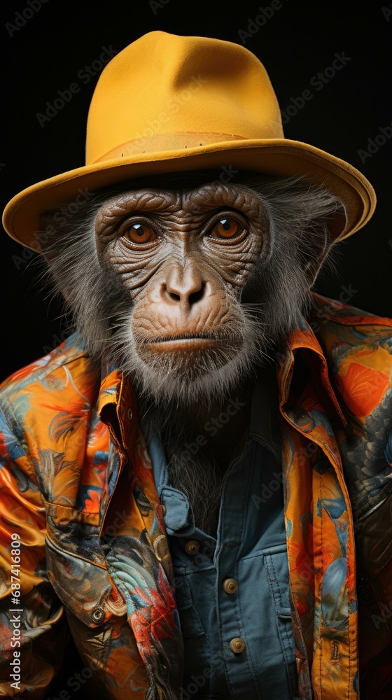 A playful monkey dons a vibrant yellow hat and a colorful shirt, capturing attention with its adorable charm. Generative AI.