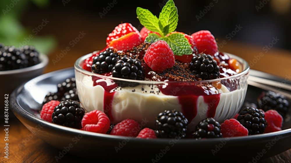 A bowl of berries and cream. Generative AI. A bowl of berries and cream. Generative AI.
