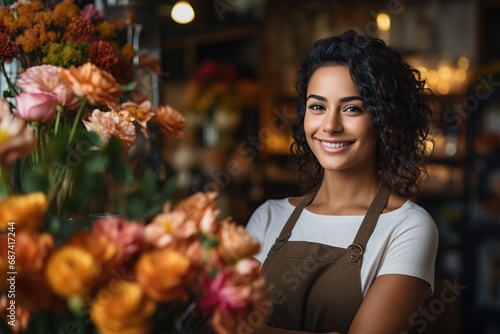 Smiling attractive hispanic female small business owner in her florist shop, Generative AI