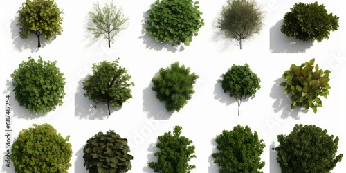 trees from above, collection of lush plants isolated on white background, Generative AI