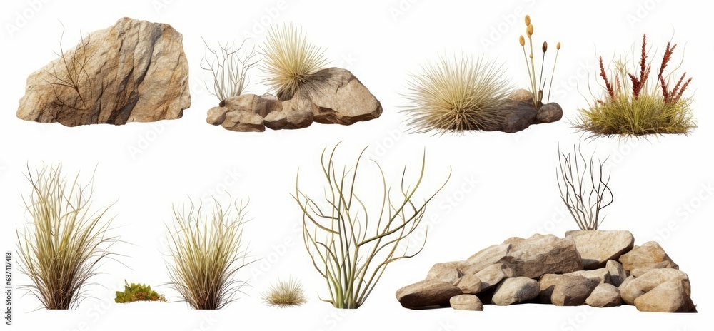 desert collection, dry plants and rocks set, isolated on white background, Generative AI - obrazy, fototapety, plakaty 
