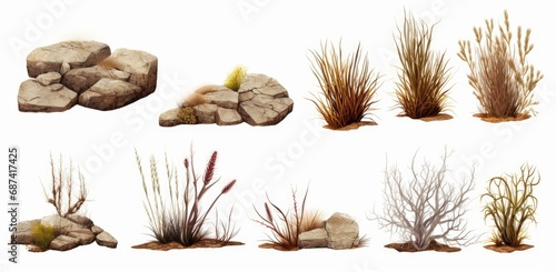 desert collection, dry plants and rocks set, isolated on white background, Generative AI