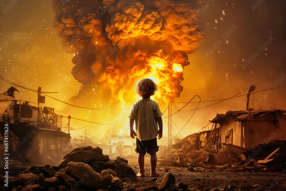 Obraz premium A small child against the background of an explosion and fire. War. A child looks at the fire and destruction of his house.