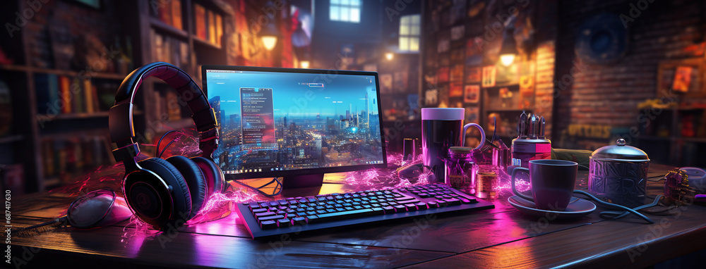 Wide gaming console table image with colorful neon busy room background and pc computer screens with headphones and accessories around - obrazy, fototapety, plakaty 