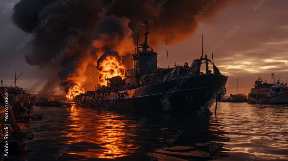 Burning naval vessel in the port. AI Burning naval vessel in the port. AI