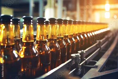 Beer production plant. Brewery conveyor with glass bottles of beer and alcohol. Close-up. Blurred background. Modern production for bottling drinks. Selective focus.